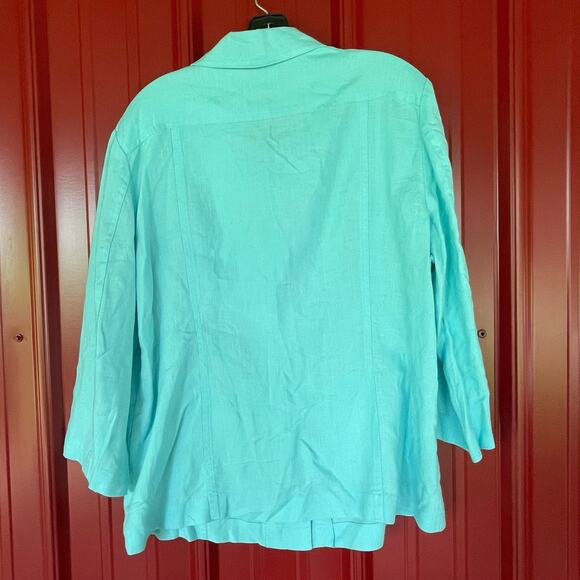 Chicos Jacket 100% Linen Blazer Size 2‎ US L 3/4 Sleeve Pockets Turquoise Blue - Picture 2 of 7